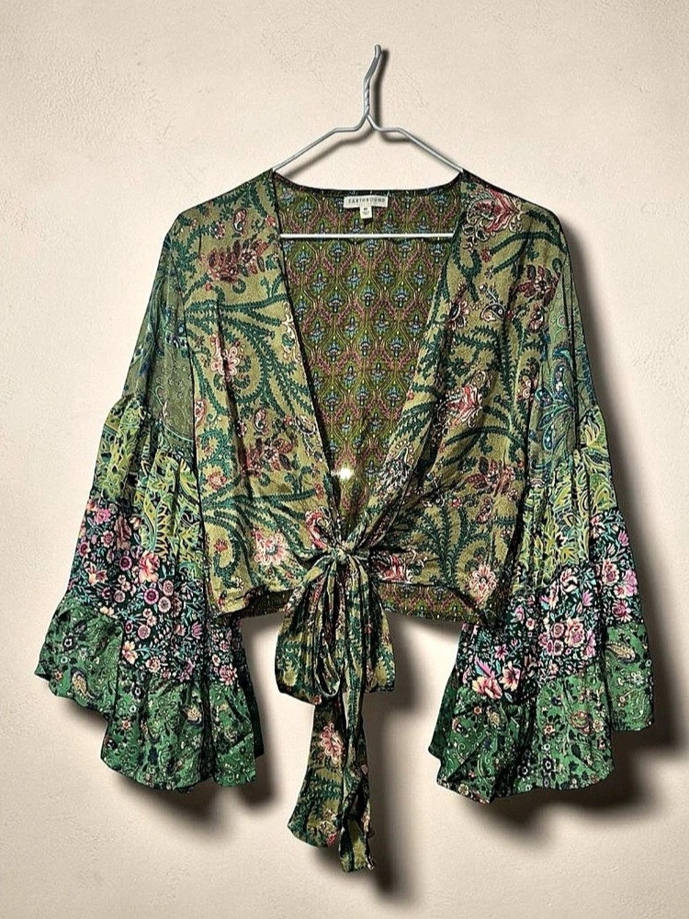 Earthbound Floral Tie-Front Blouse in Green & Pink Size Medium